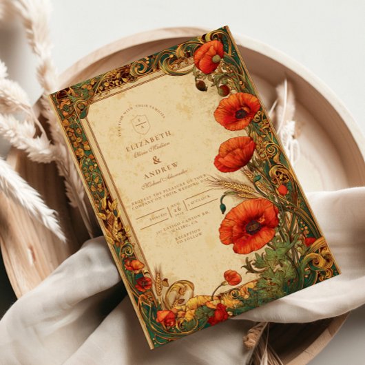 Art Nouveau Poppy Wedding Kaart