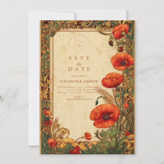 Art Nouveau Poppy Wedding Save The Date (Voorkant)