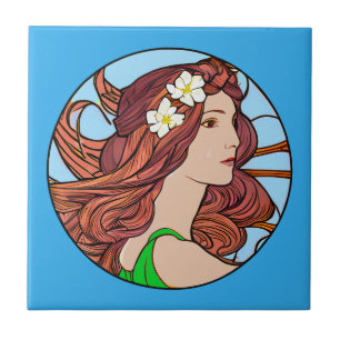 Art Nouveau Portret van een vrouw op blauw Tegeltje
