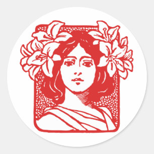 Art Nouveau Portret van Vrouw met Lelies Ronde Sticker
