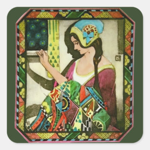 Art Nouveau Quilter Poster – Vintage Naaimachine V Vierkante Sticker