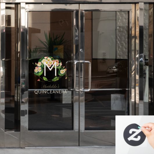 Art Nouveau Quinceanera Daisies Monogram 15 jaar Raamsticker (Kantoordeur)