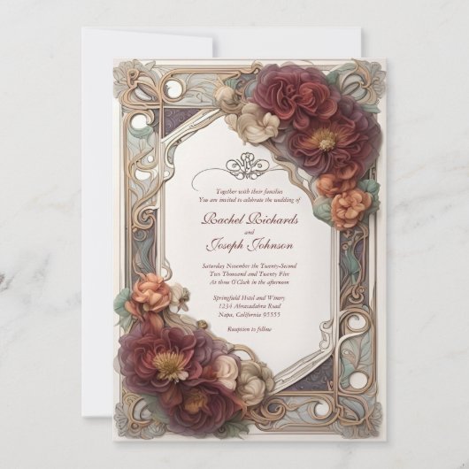 Art Nouveau Realistische Floral bruiloft uitnodigi Kaart (Voorkant)