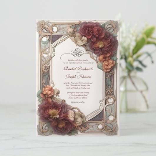 Art Nouveau Realistische Floral bruiloft uitnodigi Kaart (Staand voorkant)