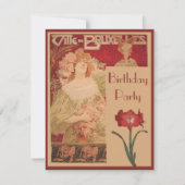 Art Nouveau Red Amaryllis & Lady Birthday Party Kaart (Voorkant)
