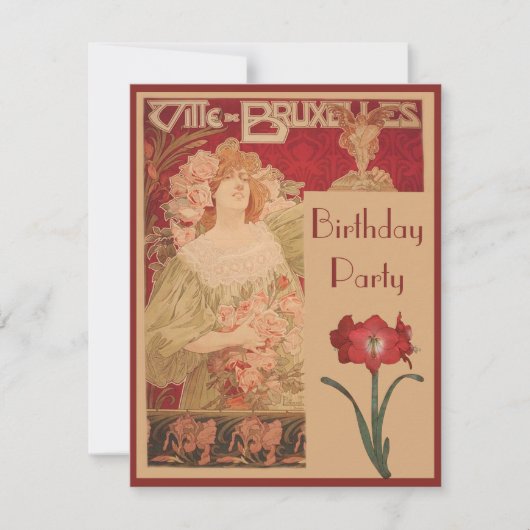 Art Nouveau Red Amaryllis & Lady Birthday Party Kaart (Voorkant)