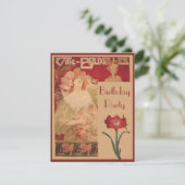 Art Nouveau Red Amaryllis & Lady Birthday Party Kaart (Staand voorkant)