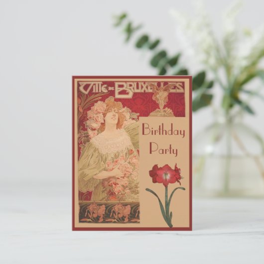 Art Nouveau Red Amaryllis & Lady Birthday Party Kaart (Staand voorkant)