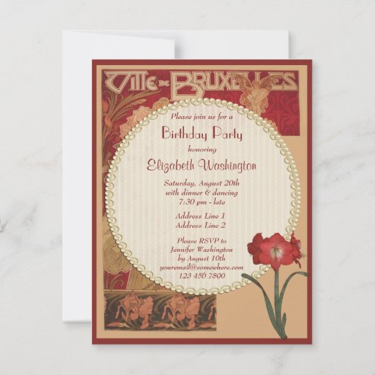 Art Nouveau Red Amaryllis & Lady Birthday Party Kaart (Achterkant)