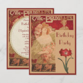 Art Nouveau Red Amaryllis & Lady Birthday Party Kaart (Voorkant / Achterkant)