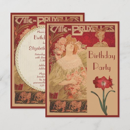 Art Nouveau Red Amaryllis & Lady Birthday Party Kaart (Voorkant / Achterkant)