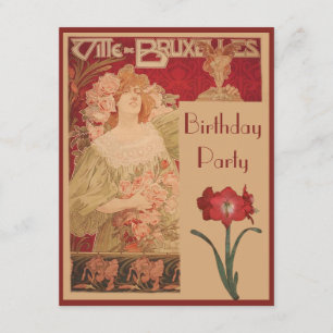 Art Nouveau Red Amaryllis & Lady Birthday Party Kaart