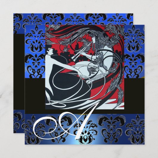 ART NOUVEAU RED BLACK BLUE WHITE DAMASK MONOGRAM KAART (Voorkant / Achterkant)