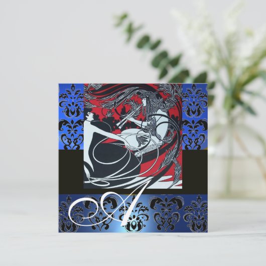 ART NOUVEAU RED BLACK BLUE WHITE DAMASK MONOGRAM KAART (Staand voorkant)