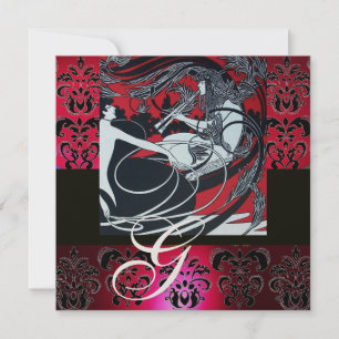ART NOUVEAU RED BLACK CHAMPAGNE DAMASK MONOGRAM KAART