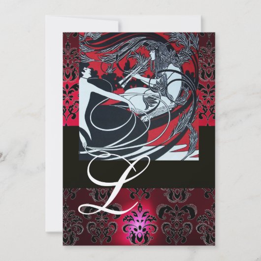 ART NOUVEAU RED BLACK CHAMPAGNE DAMASK MONOGRAM KAART (Voorkant)