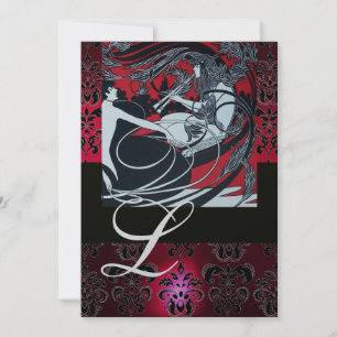 ART NOUVEAU RED BLACK CHAMPAGNE DAMASK MONOGRAM KAART