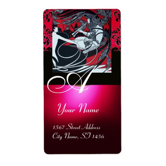 ART NOUVEAU RED BLACK GOLD DAMASK MONOGRAM, ruby Etiket (Voorkant)