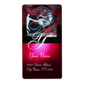 ART NOUVEAU RED BLACK GOLD DAMASK MONOGRAM, ruby Etiket (Voorkant)