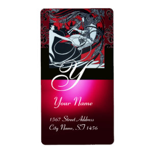 ART NOUVEAU RED BLACK GOLD DAMASK MONOGRAM, ruby Etiket