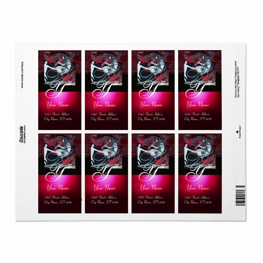 ART NOUVEAU RED BLACK GOLD DAMASK MONOGRAM, ruby Etiket (Full Sheet)