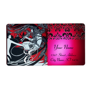 ART NOUVEAU RED BLACK GOLD DAMASK MONOGRAM, ruby Etiket