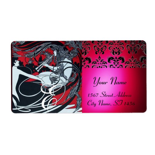 ART NOUVEAU RED BLACK GOLD DAMASK MONOGRAM, ruby Etiket (Voorkant)