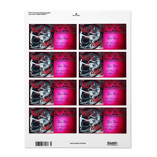 ART NOUVEAU RED BLACK GOLD DAMASK MONOGRAM, ruby Etiket (Full Sheet)