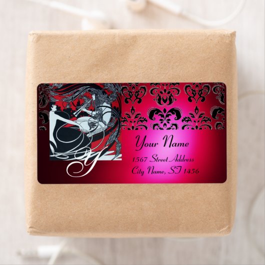 ART NOUVEAU RED BLACK GOLD DAMASK MONOGRAM, ruby Etiket (Insitu)