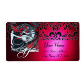 ART NOUVEAU RED BLACK GOLD DAMASK MONOGRAM, ruby Etiket (Voorkant)