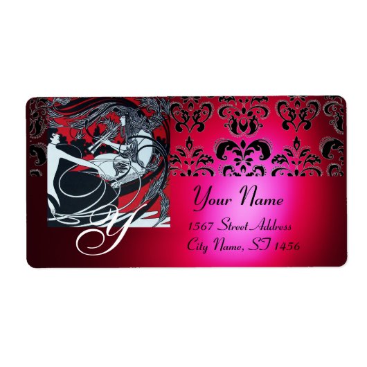 ART NOUVEAU RED BLACK GOLD DAMASK MONOGRAM, ruby Etiket (Voorkant)