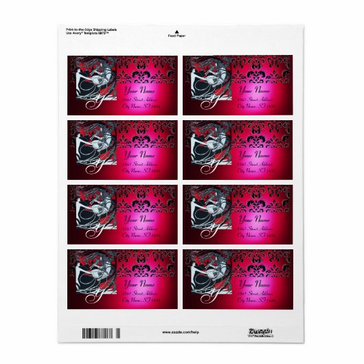 ART NOUVEAU RED BLACK GOLD DAMASK MONOGRAM, ruby Etiket (Full Sheet)