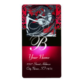 ART NOUVEAU RED BLACK GOLD DAMASK MONOGRAM, ruby Etiket (Voorkant)