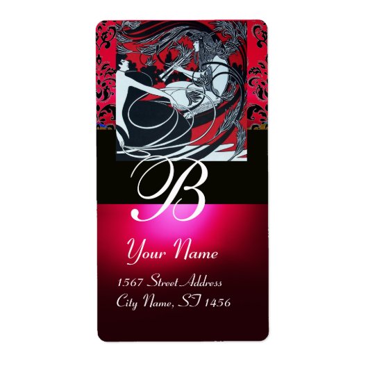 ART NOUVEAU RED BLACK GOLD DAMASK MONOGRAM, ruby Etiket (Voorkant)