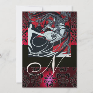 ART NOUVEAU RED BLACK GOLD DAMASK MONOGRAM, ruby Kaart