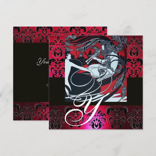 ART NOUVEAU RED BLACK GOLD DAMASK MONOGRAM, ruby Kaart (Voorkant / Achterkant)
