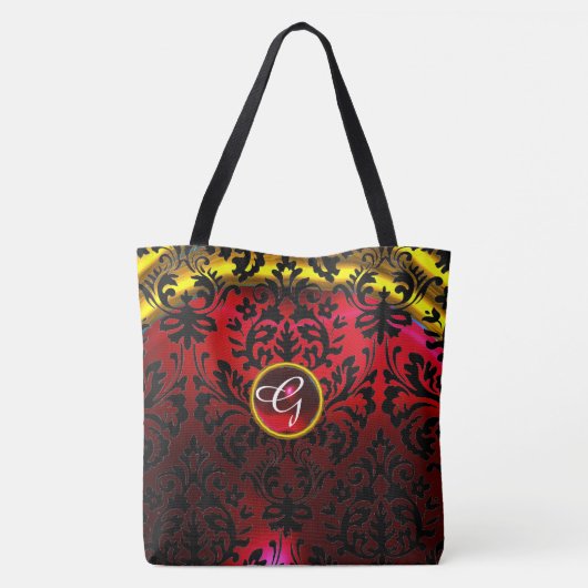 ART NOUVEAU RED BLACK GOLD DAMASK MONOGRAM TOTE BAG (Achterkant)