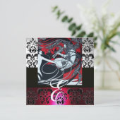 ART NOUVEAU RED BLACK GRAY SILVER DAMASK MONOGRAM KAART (Staand voorkant)