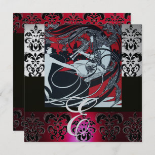 ART NOUVEAU RED BLACK GRAY SILVER DAMASK MONOGRAM KAART