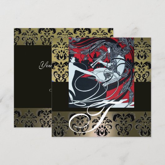 ART NOUVEAU RED BLACK GRAY WHITE DAMASK MONOGRAM KAART (Voorkant / Achterkant)