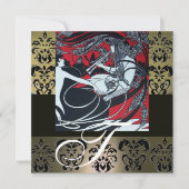 ART NOUVEAU RED BLACK GRAY WHITE DAMASK MONOGRAM KAART (Voorkant)