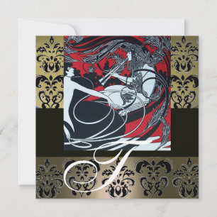 ART NOUVEAU RED BLACK GRAY WHITE DAMASK MONOGRAM KAART