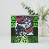 ART NOUVEAU RED BLACK GREEN WHITE DAMASK MONOGRAM KAART (Staand voorkant)