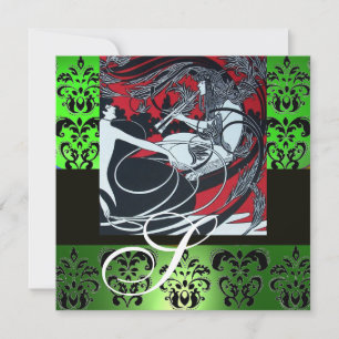 ART NOUVEAU RED BLACK GREEN WHITE DAMASK MONOGRAM KAART