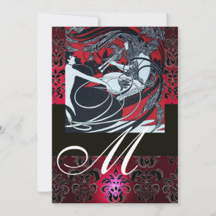 ART NOUVEAU RED BLACK WHITE DAMASK MONOGRAM, Ruby Kaart