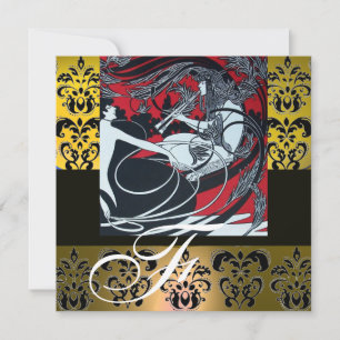 ART NOUVEAU RED BLACK YELLOW WHITE DAMASK MONOGRAM KAART