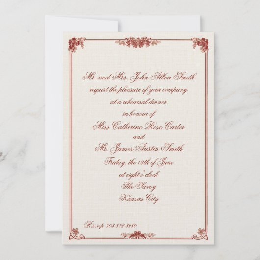 Art Nouveau Red Boundal Rehearsal Dinner Kaart (Voorkant)