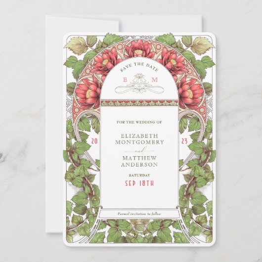 Art Nouveau Red Lotus Save the Date Kaart (Voorkant)