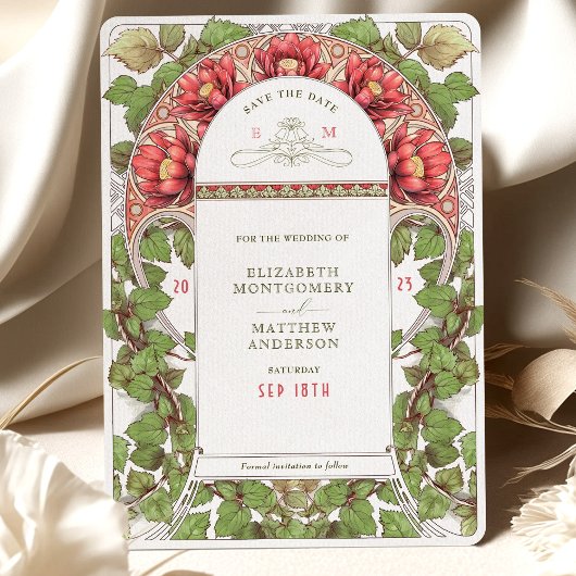 Art Nouveau Red Lotus Save the Date Kaart