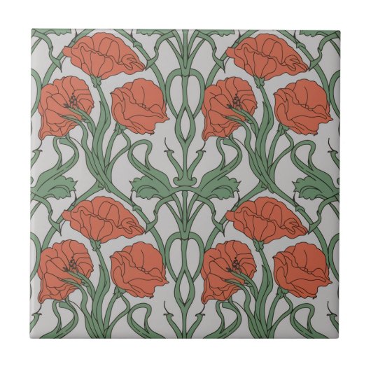 Art Nouveau Red Poppy Floral Print Tegeltje (Voorkant)